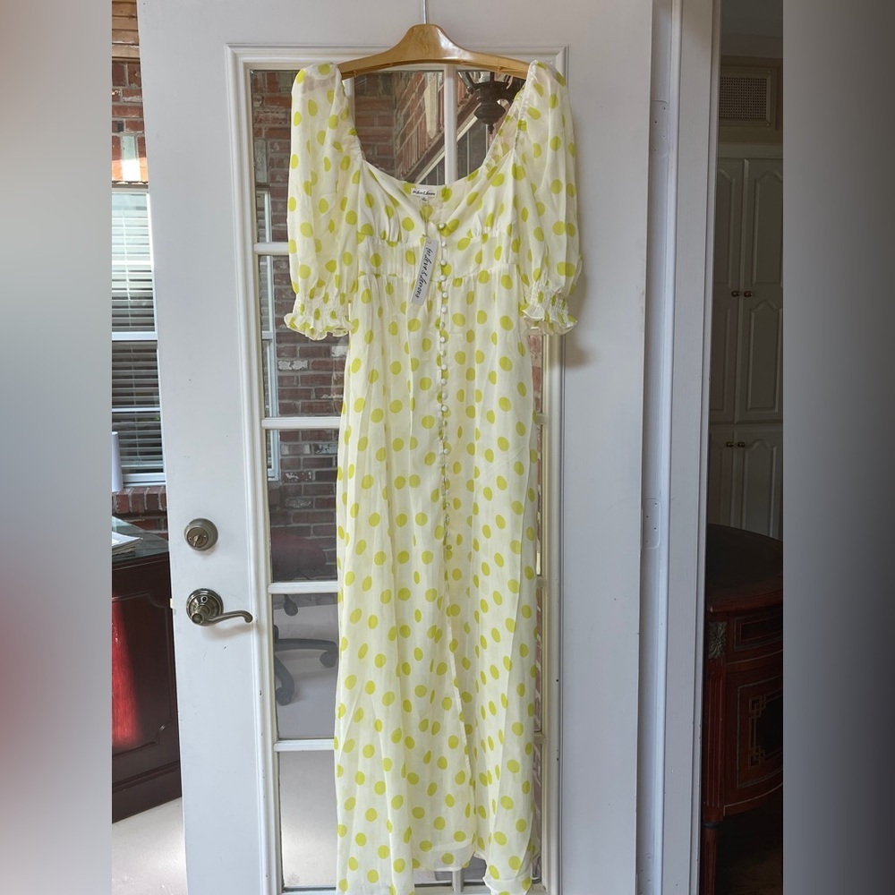 For Love And Lemons Megan Yellow Polka Dot Maxi Cover Up Dress Size M NWT - Picture 2 of 5